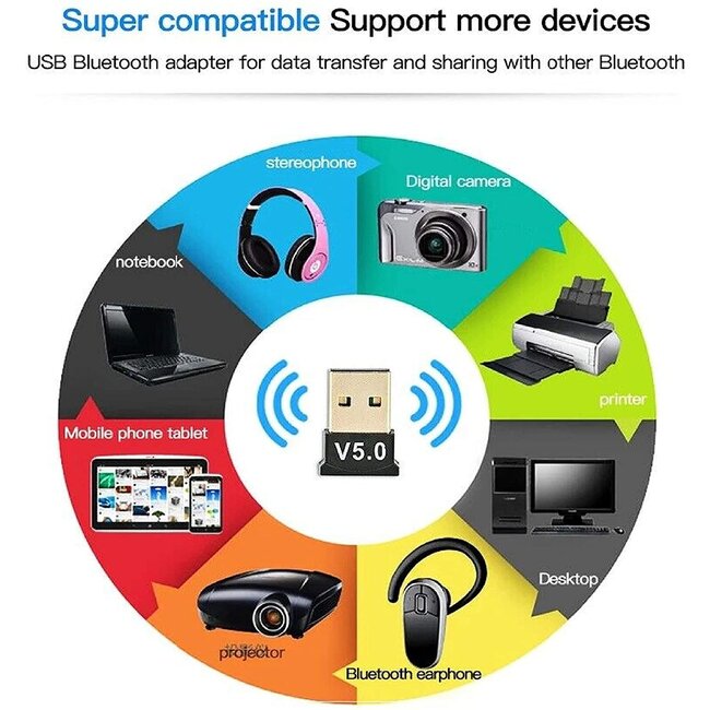 Bluetooth Adapter - USB Dongle - Bluetooth 5.0 - USB Stick - Plug and Play - Zwart