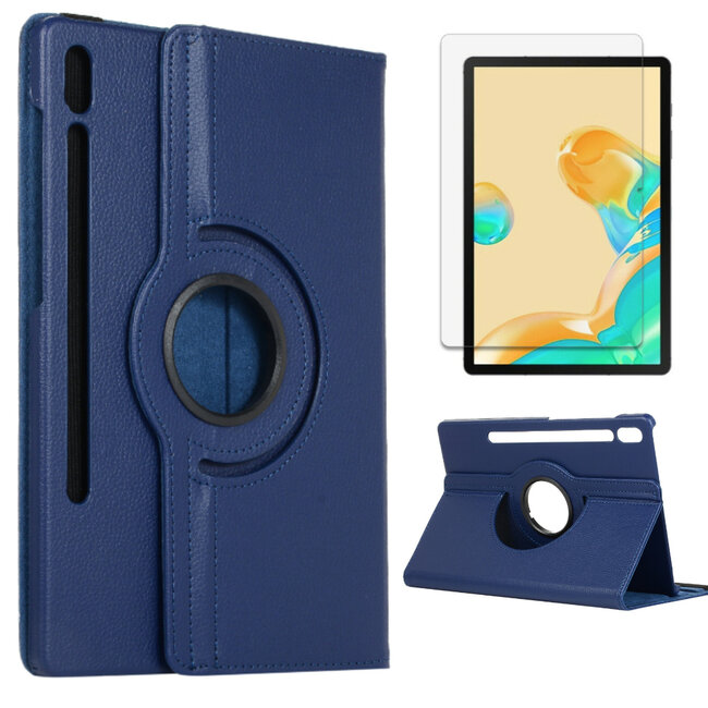 Case2go - Hoes voor de Samsung Galaxy Tab S7 Plus (2020) - Draaibare Book Case + Screenprotector - 12.4 Inch - Donker Blauw