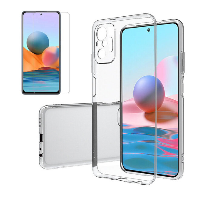 Xiaomi Redmi Note 10 Hoesje + Screenprotector- Clear Soft Case - Siliconen Back Cover - Shock Proof TPU - Transparant