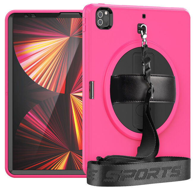 Case2go - iPad Pro 12.9 (2020/2021) Hoes - Hand Strap Armor - Rugged Case met schouderband - Magenta