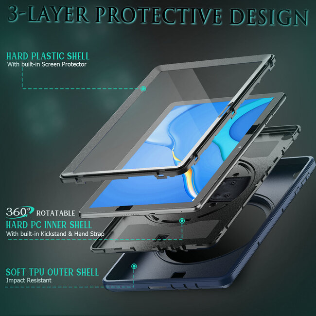 Case2go - Huawei MatePad T10s Hoes - Hand Strap Armor - Rugged Case met schouderband - 10.1 Inch - Donker Blauw
