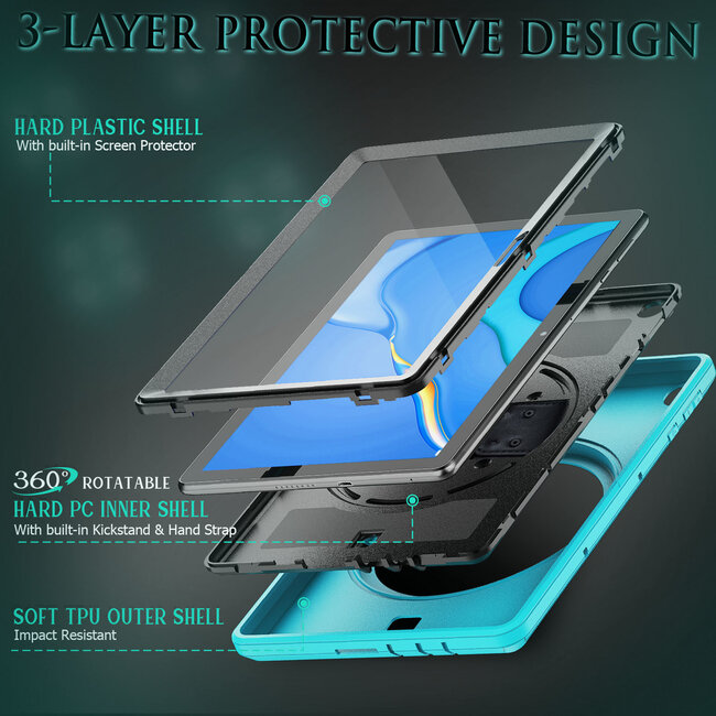 Case2go - Huawei MatePad T10s Hoes - Hand Strap Armor - Rugged Case met schouderband - 10.1 Inch - Licht Blauw