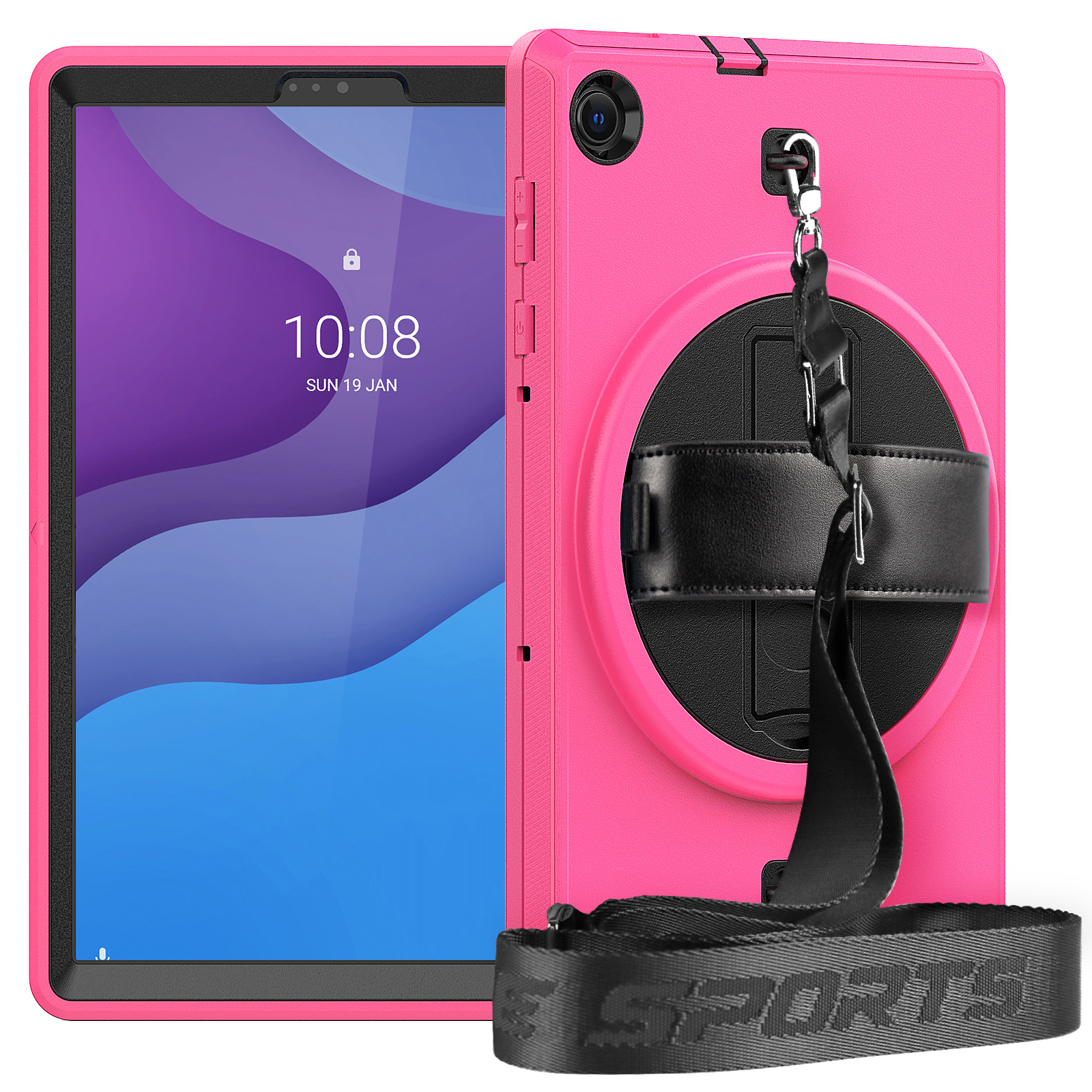 Lenovo Tab M10 Plus Hoes - Hand Strap Armor - Rugged Case met schouderband - 10.3 Inch - Magenta afbeelding