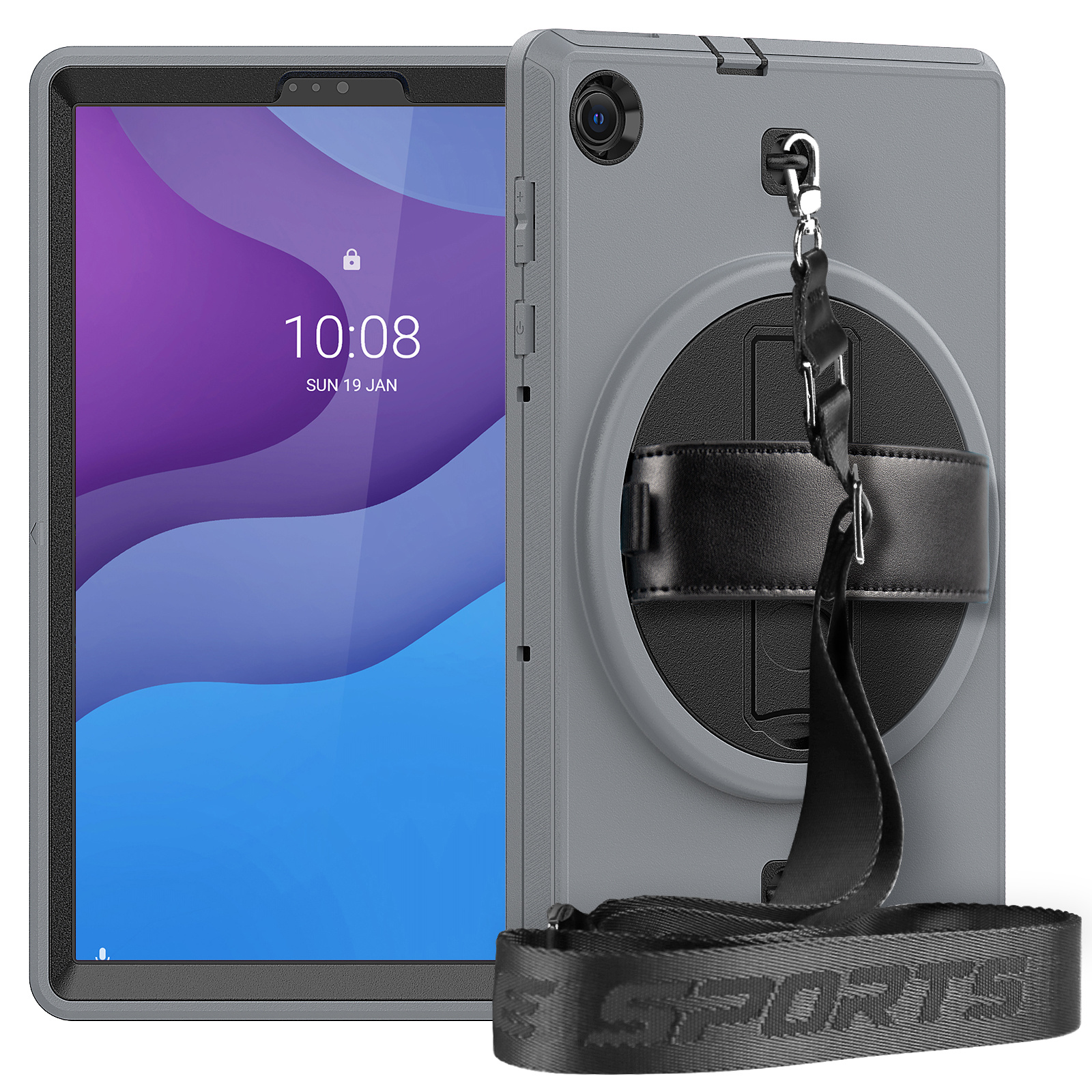 Lenovo Tab M10 Plus Hoes - Hand Strap Armor - Rugged Case met schouderband - 10.3 Inch - Grijs afbeelding