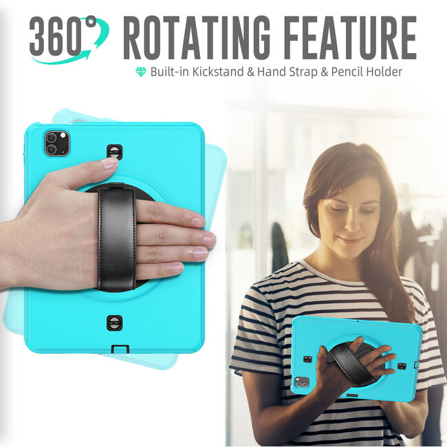 Case2go - iPad Pro 2021 Hoes - Hand Strap Armor - Rugged Case met schouderband - 11 Inch - Licht Blauw