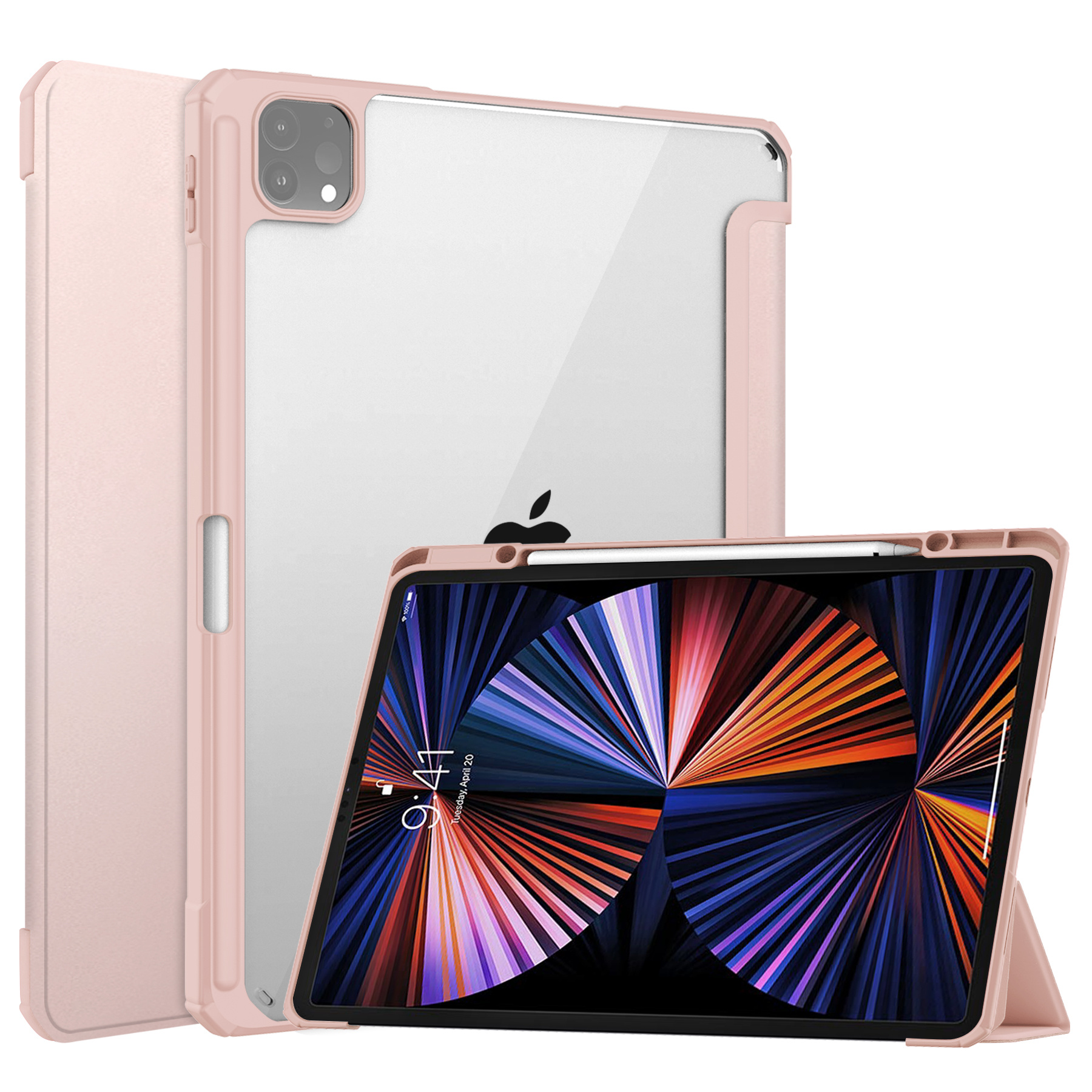 iPad Pro 2021 (12.9 Inch) Hoes - Tri-fold Back Cover - Met Pencil Houder - Roze afbeelding
