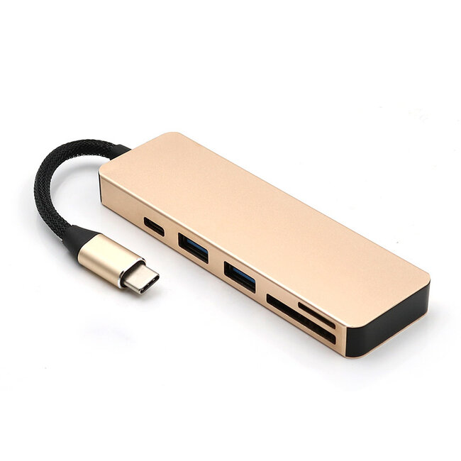 Case2go - USB Splitter & SD Kaartlezer - USB Hub 3.0 - 2 Poorten - USB-C aansluiting - Aluminium - Goud