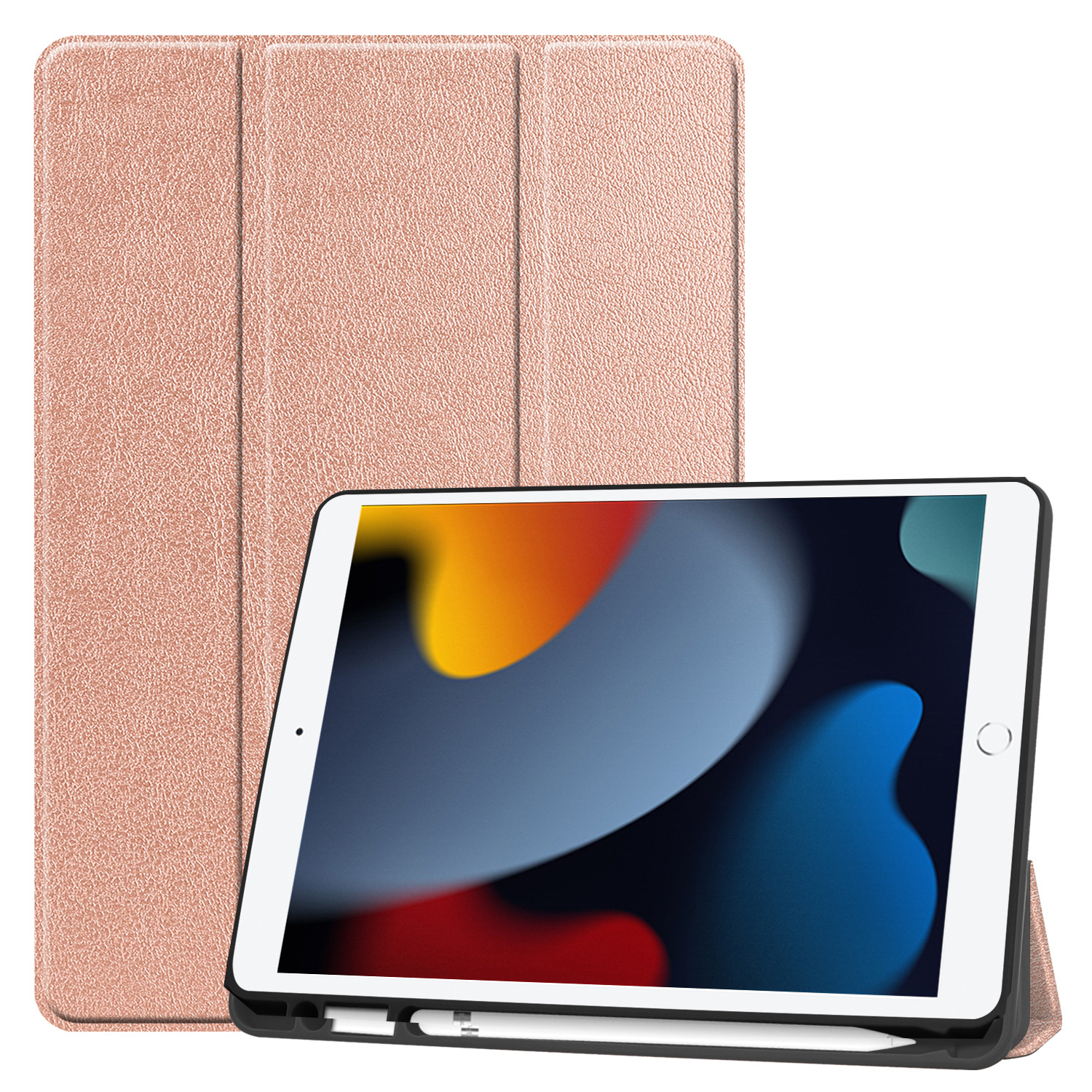 aan de andere kant, Snel kalligrafie Case2go - Tablet hoes geschikt voor Apple iPad 2021 - 10.2 inch - Tri-Fold  Book Case - Apple Pencil Houder - Rosé Goud | Case2go.nl