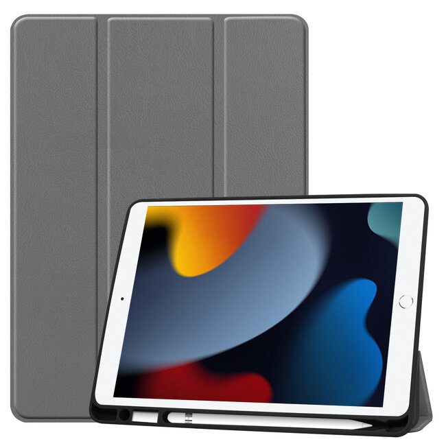 Case2go - Tablet hoes geschikt voor Apple iPad 2021 - 10.2 inch - Tri-Fold Book Case - Apple Pencil Houder - Grijs