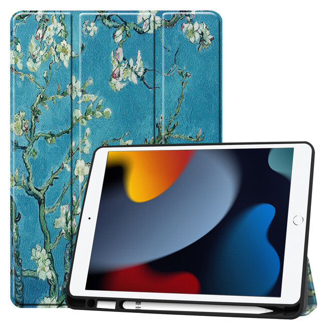 Case2go - Tablet hoes geschikt voor Apple iPad 2021 - 10.2 inch - Tri-Fold Book Case - Apple Pencil Houder - Witte Bloesem