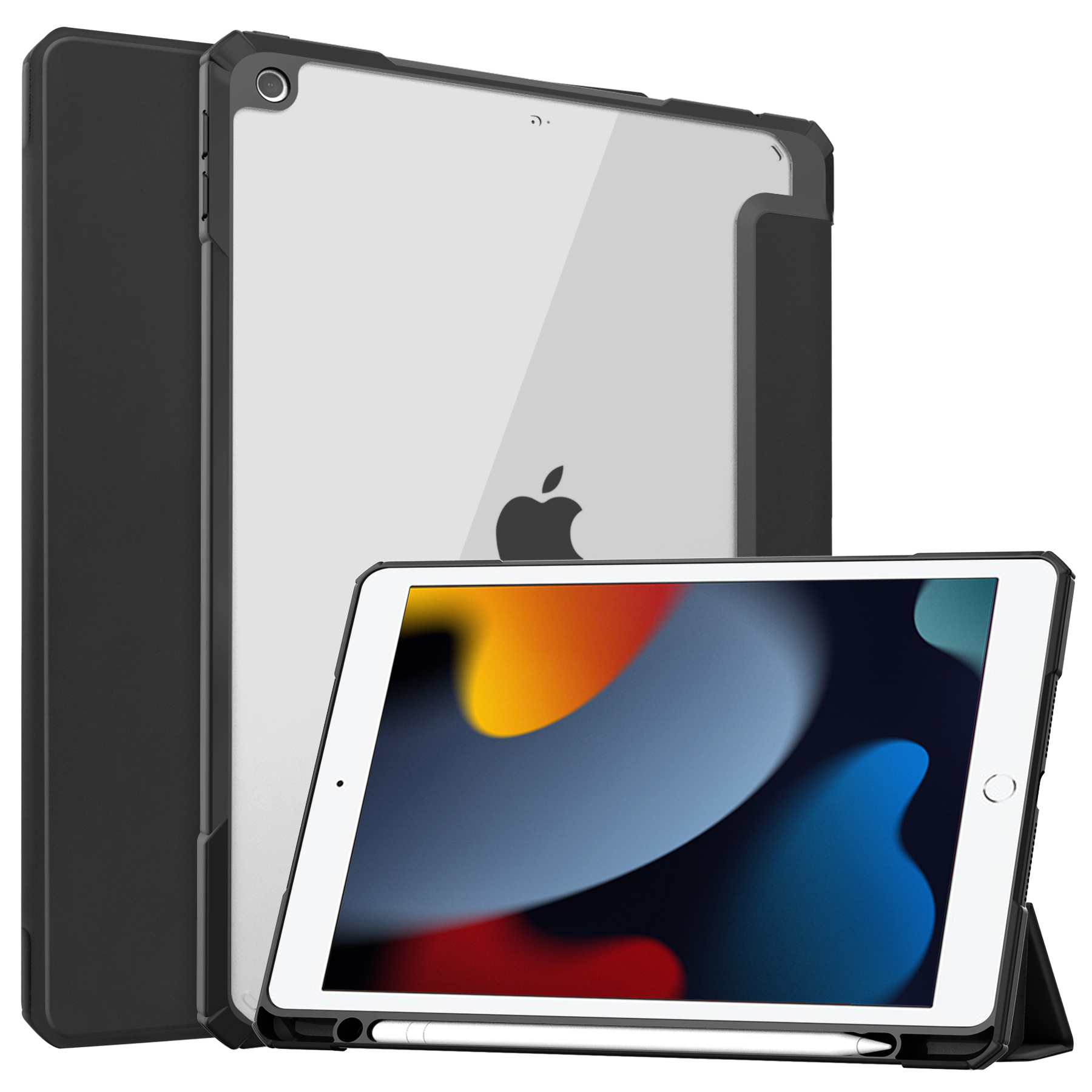 Case2go - Tablet hoes geschikt voor iPad 2021 - 10.2 Inch - Transparante Case - Tri-fold Back Cover - Zwart afbeelding
