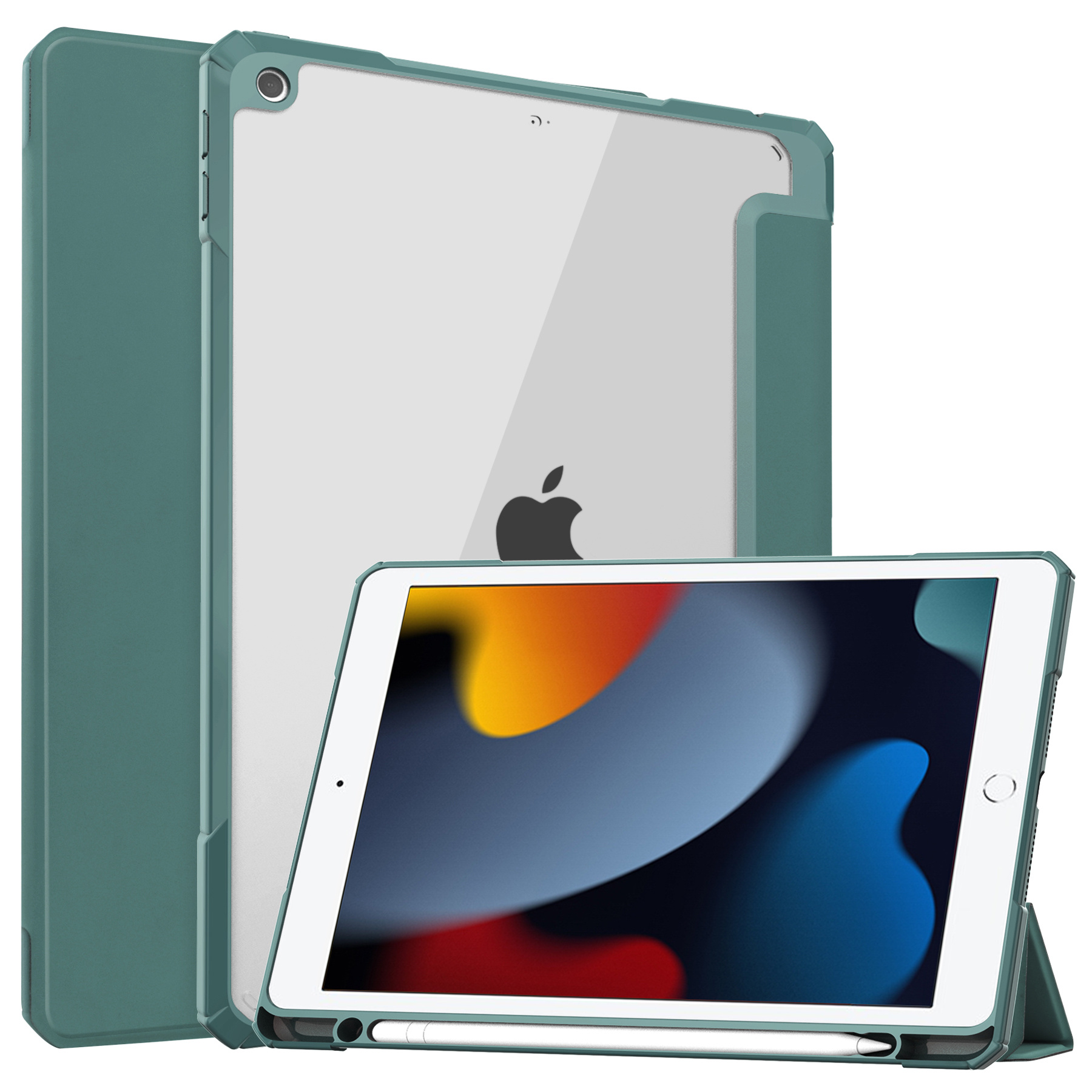 Case2go - Tablet hoes geschikt voor iPad 2021 - 10.2 Inch - Transparante Case - Tri-fold Back Cover - Donker Groen afbeelding