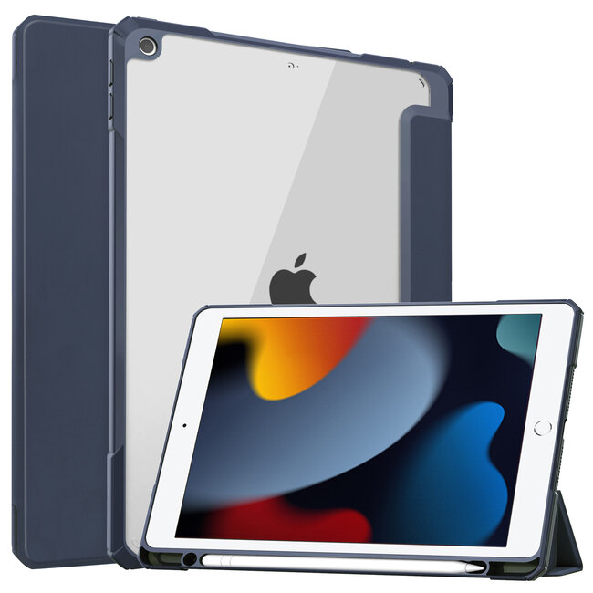 Case2go - Tablet hoes geschikt voor iPad 2021 - 10.2 Inch - Transparante Case - Tri-fold Back Cover - Donker Blauw