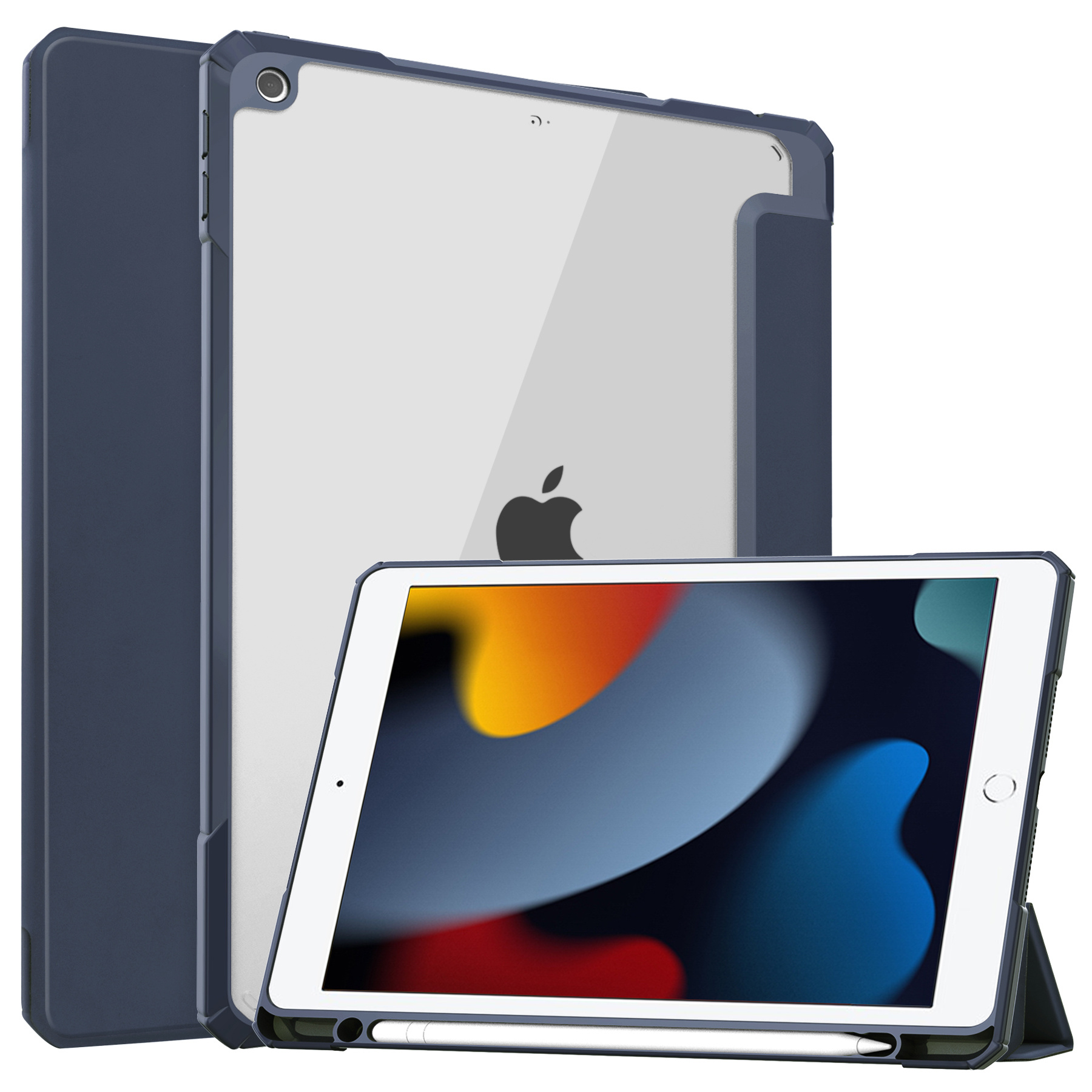 Case2go - Tablet hoes geschikt voor iPad 2021 - 10.2 Inch - Transparante Case - Tri-fold Back Cover - Donker Blauw afbeelding