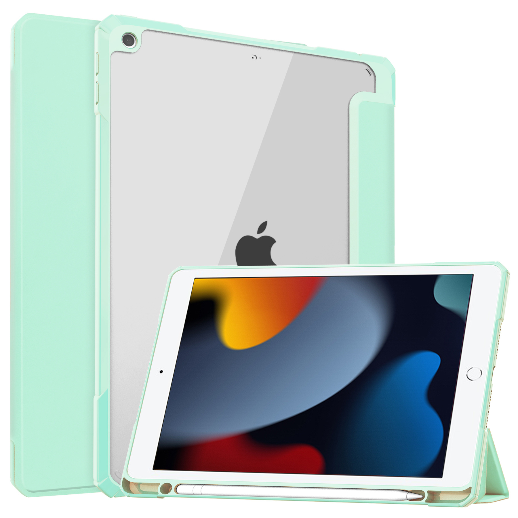 Case2go - Tablet hoes geschikt voor iPad 2021 - 10.2 Inch - Transparante Case - Tri-fold Back Cover - Mint Groen afbeelding