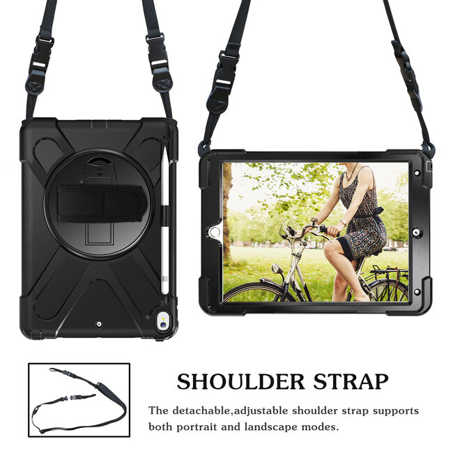Case2go - Tablet hoes geschikt voor iPad 2021 - 10.2 Inch - Hand Strap Armor Case - Zwart