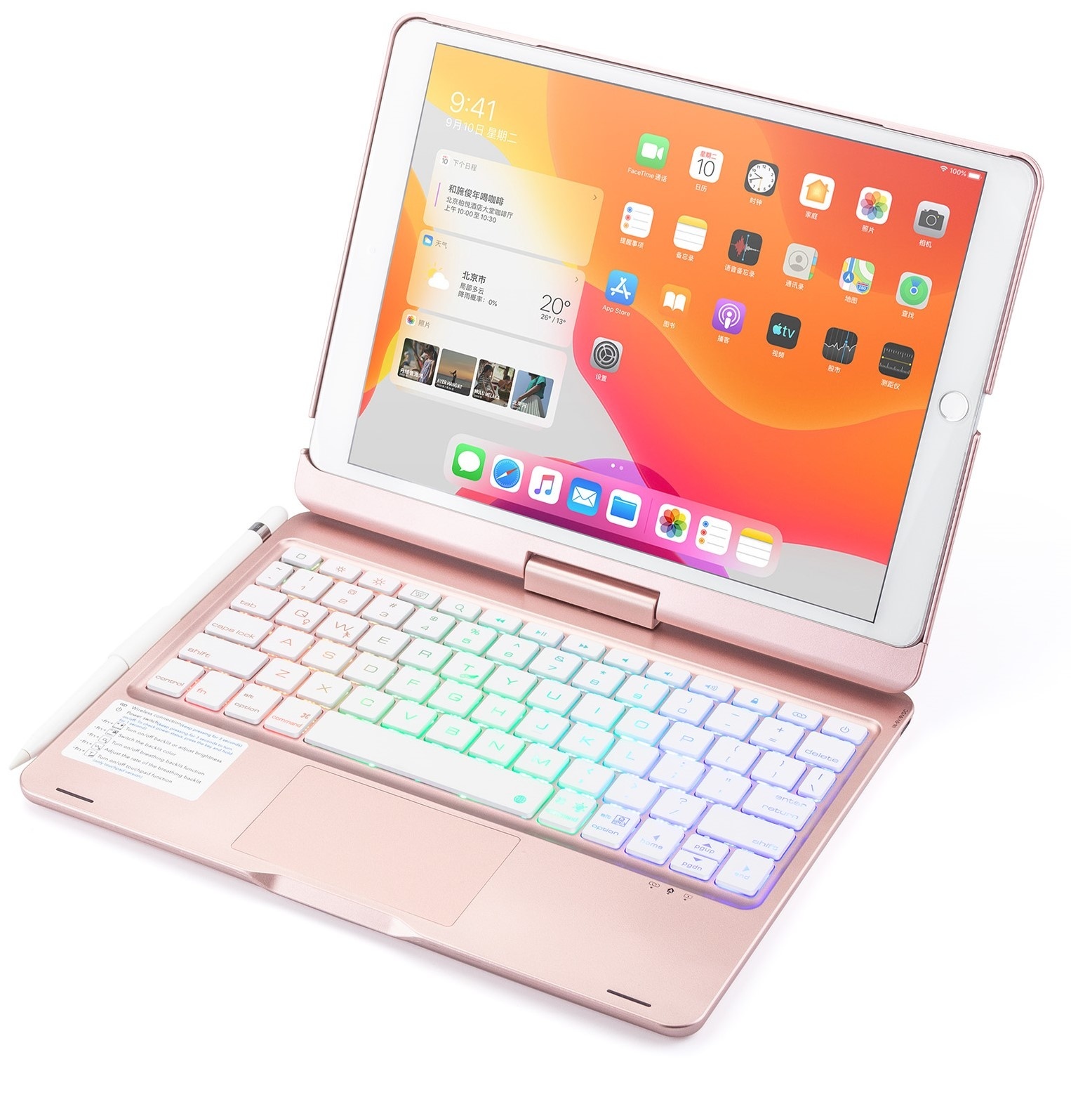 Case2go - Bluetooth toetsenbord Tablet hoes geschikt voor iPad 2021 - 10.2 Inch - QWERTY - met Touchpad & Toetsenbord verlichting - 360 graden draaibaar - Rose Goud