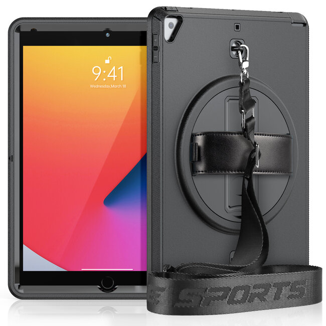 Case2go - Tablet hoes geschikt voor iPad 2021 - 10.2 Inch - Hand Strap Armor - Rugged Case met schouderband - Zwart