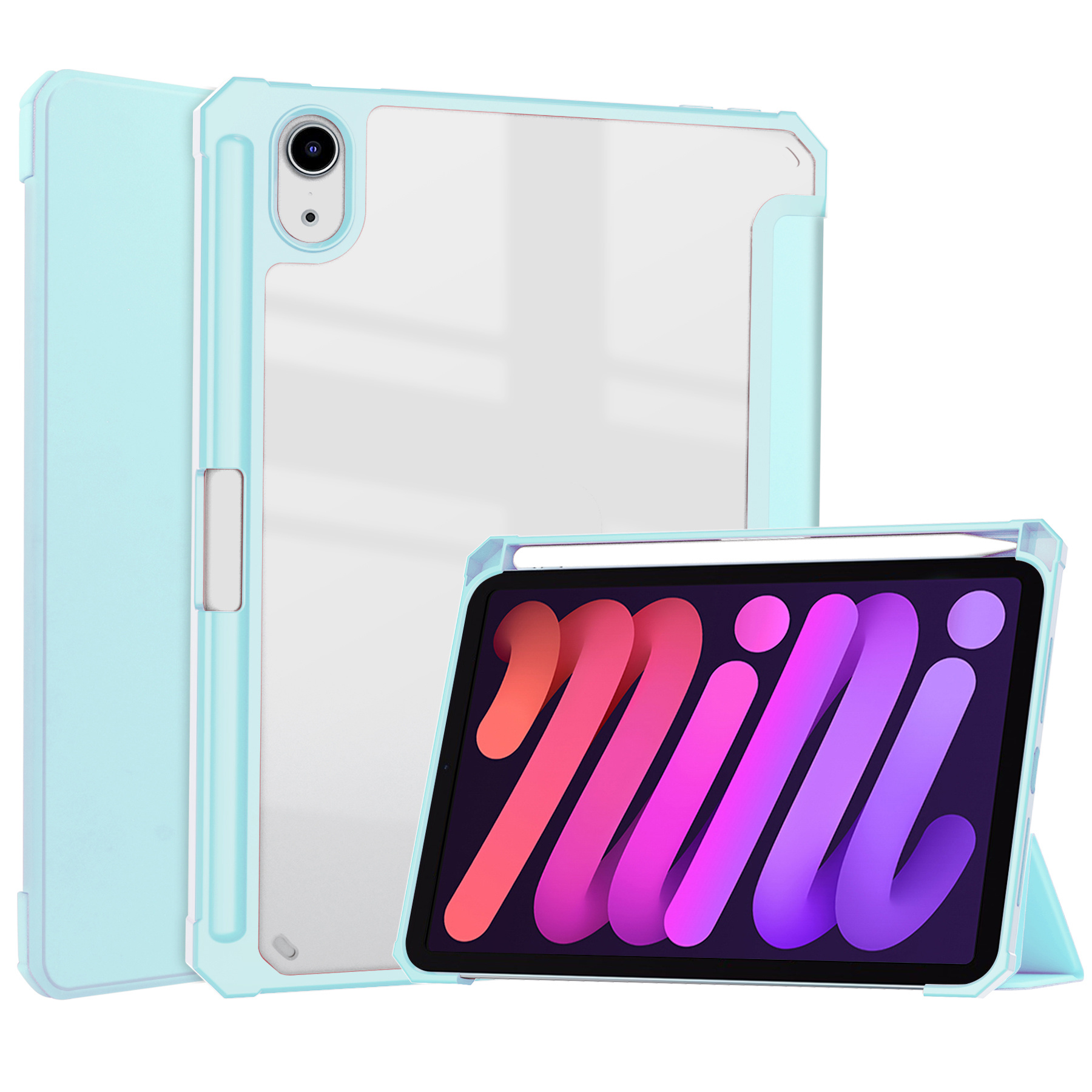 Case2go - Tablet hoes geschikt voor iPad Mini 6 (2021) - 8.3 Inch - Transparante Case - Tri-fold Back Cover - Licht Blauw afbeelding