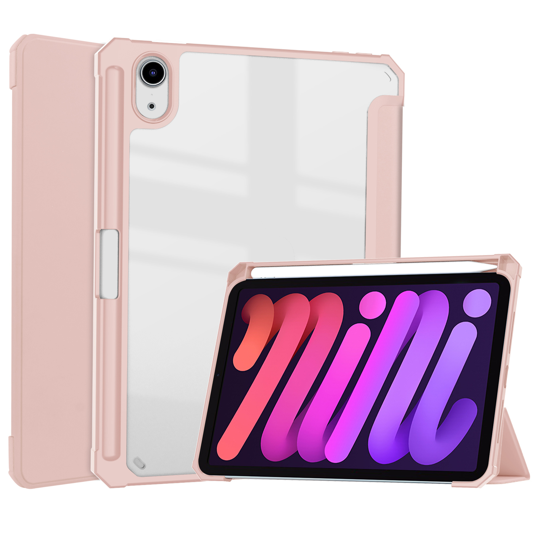 Case2go - Tablet hoes geschikt voor iPad Mini 6 (2021) - 8.3 Inch - Transparante Case - Tri-fold Back Cover - Roze afbeelding
