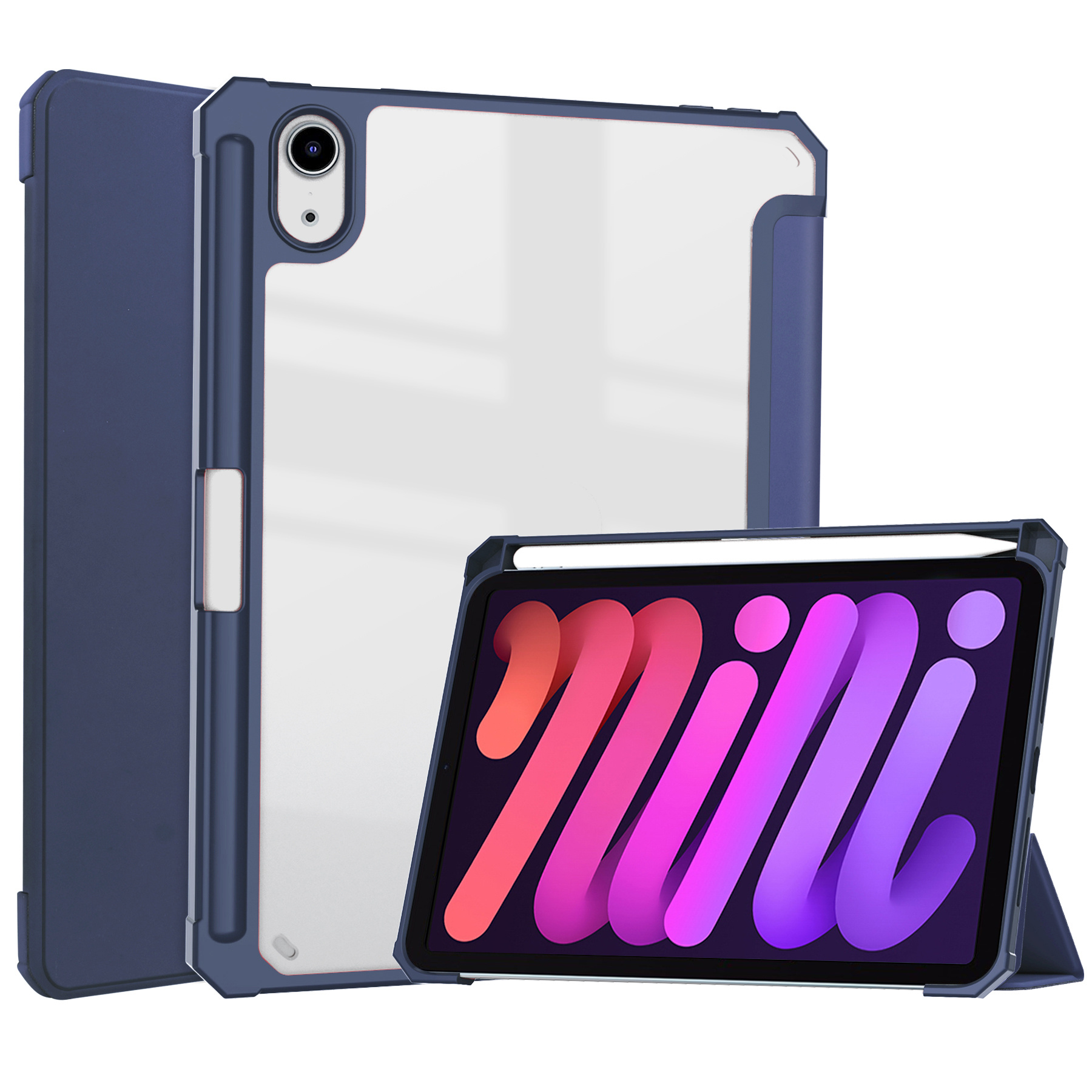 Case2go - Tablet hoes geschikt voor iPad Mini 6 (2021) - 8.3 Inch - Transparante Case - Tri-fold Back Cover - Donker Blauw afbeelding
