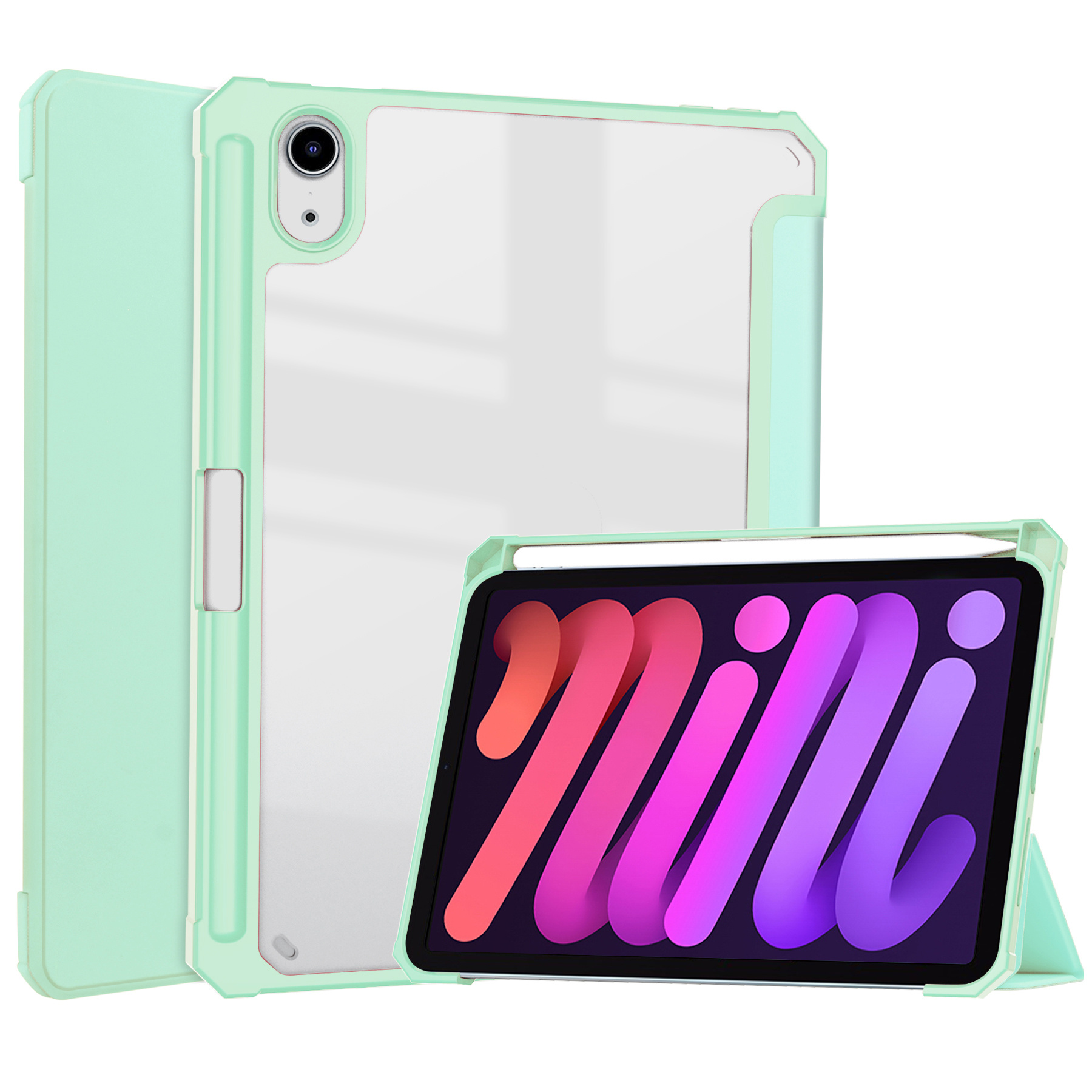 Case2go - Tablet hoes geschikt voor iPad Mini 6 (2021) - 8.3 Inch - Transparante Case - Tri-fold Back Cover - Mint Groen afbeelding