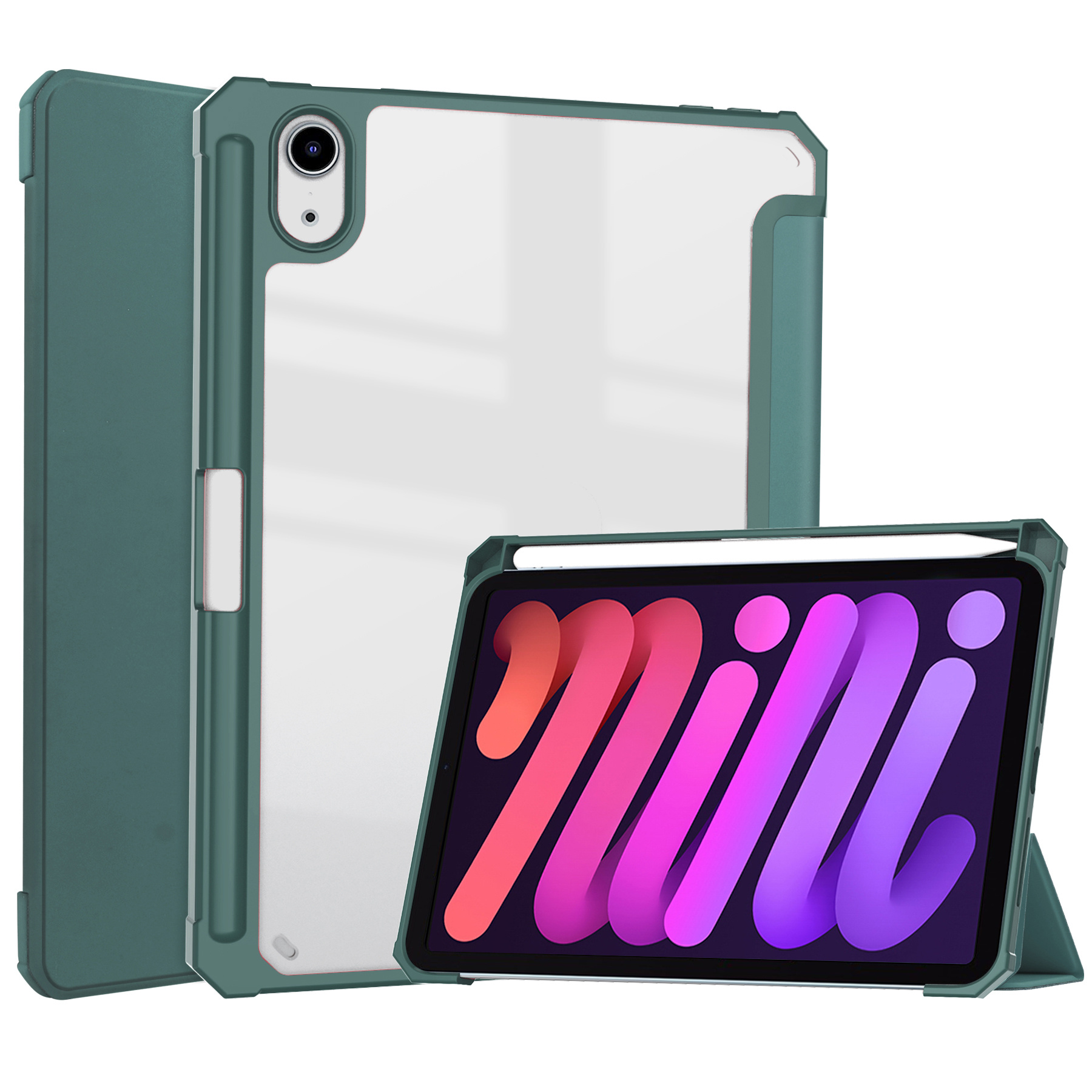 Case2go - Tablet hoes geschikt voor iPad Mini 6 (2021) - 8.3 Inch - Transparante Case - Tri-fold Back Cover - Donker Groen afbeelding