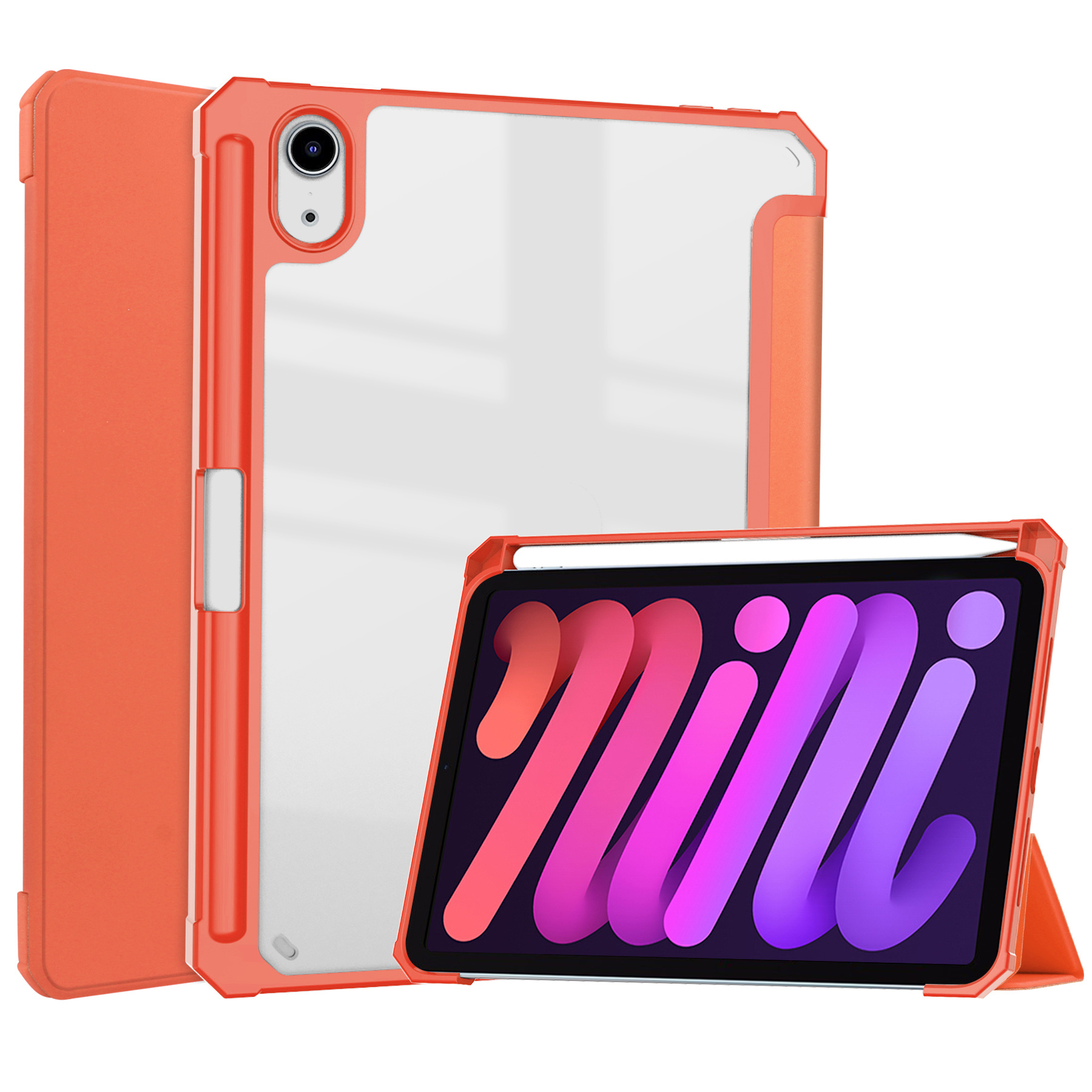 Case2go - Tablet hoes geschikt voor iPad Mini 6 (2021) - 8.3 Inch - Transparante Case - Tri-fold Back Cover - Oranje afbeelding