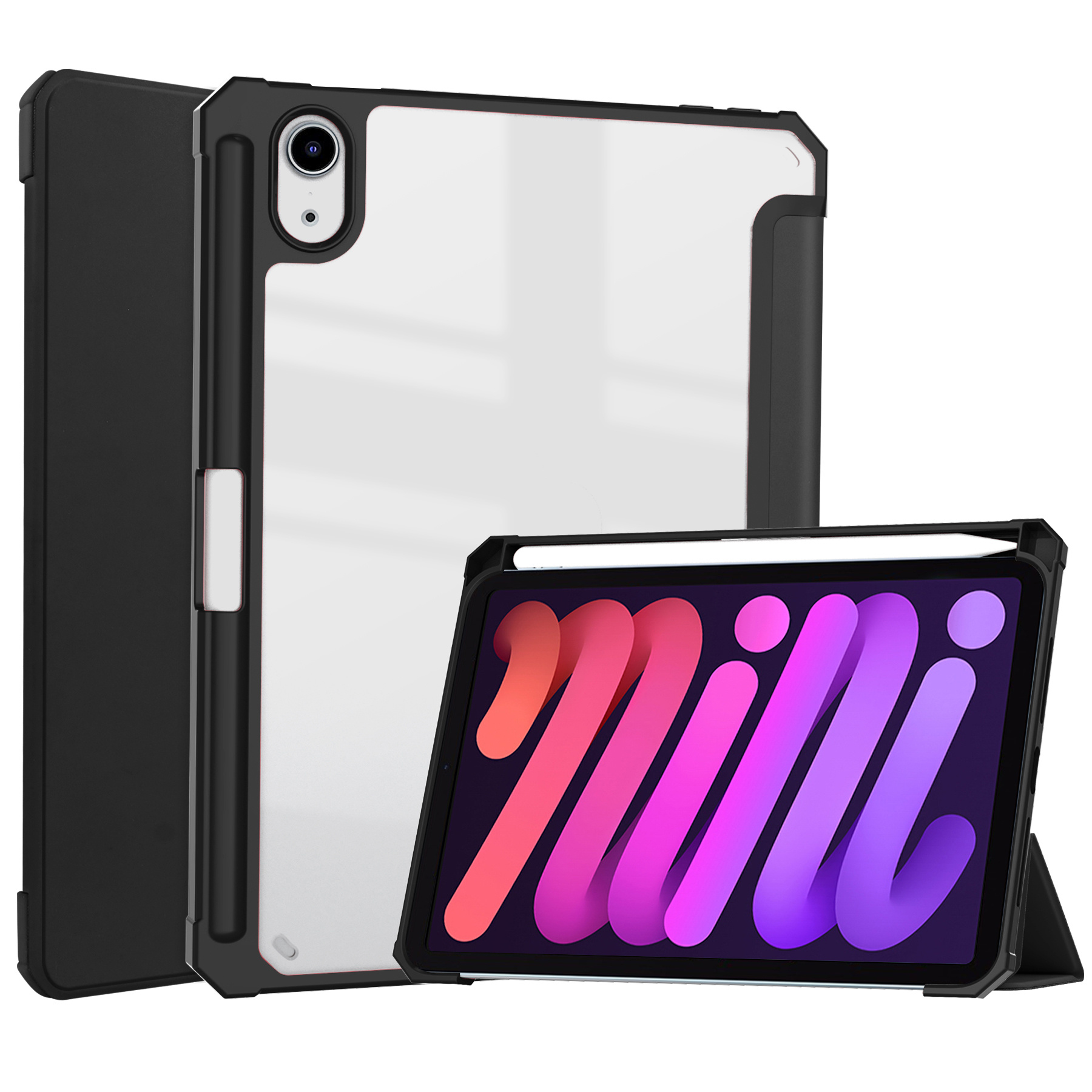 Case2go - Tablet hoes geschikt voor iPad Mini 6 (2021) - 8.3 Inch - Transparante Case - Tri-fold Back Cover - Zwart afbeelding