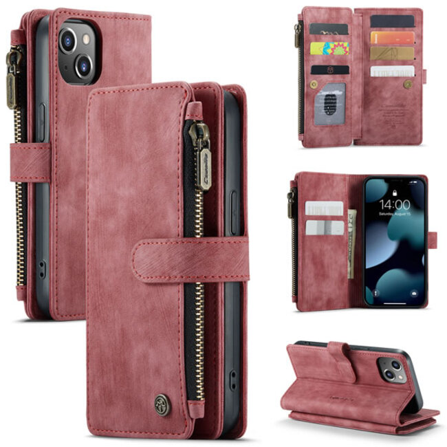 CaseMe - Telefoonhoesje geschikt voor iPhone 13 - Wallet Book Case met ritssluiting - Magneetsluiting - Rood