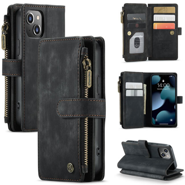 CaseMe - Telefoonhoesje geschikt voor iPhone 13 Mini - Wallet Book Case met ritssluiting - Magneetsluiting - Zwart