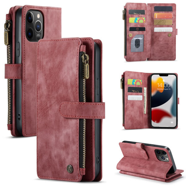 CaseMe - Telefoonhoesje geschikt voor iPhone 12 Pro Max - Wallet Book Case met ritssluiting - Magneetsluiting - Rood