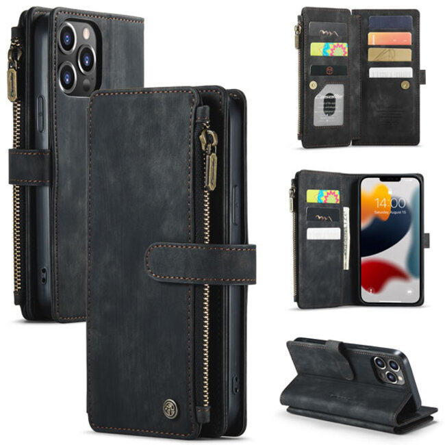 CaseMe - Telefoonhoesje geschikt voor iPhone 13 Pro - Wallet Book Case met ritssluiting - Magneetsluiting - Zwart