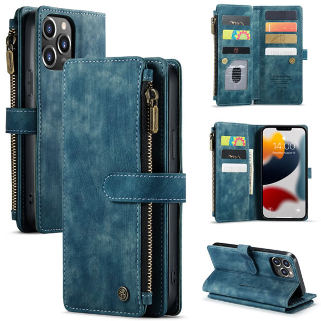 CaseMe - Telefoonhoesje geschikt voor iPhone 13 Pro - Wallet Book Case met ritssluiting - Magneetsluiting - Blauw