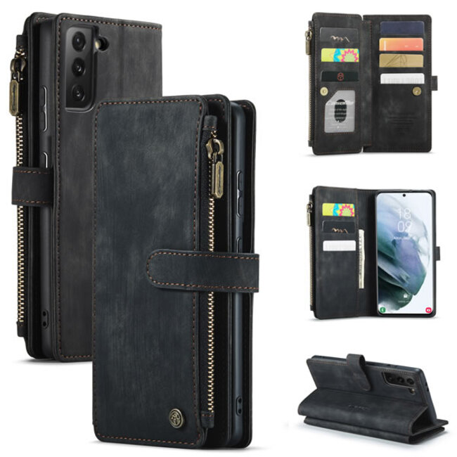 CaseMe - Telefoonhoesje geschikt voor Samsung Galaxy S21 FE - Wallet Book Case met ritssluiting - Magneetsluiting - Zwart