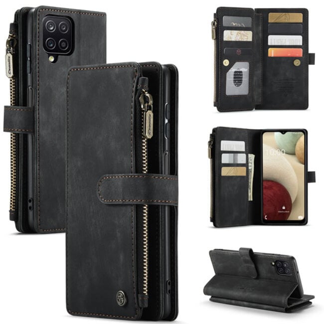 CaseMe - Telefoonhoesje geschikt voor Samsung Galaxy A12 - Wallet Book Case met ritssluiting - Magneetsluiting - Zwart