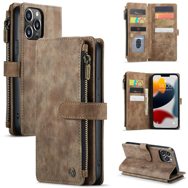 CaseMe - Telefoonhoesje geschikt voor iPhone 13 Pro Max - Wallet Book Case met ritssluiting - Magneetsluiting - Bruin afbeelding