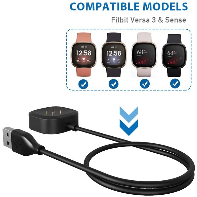 2-Pack - Case2go - Oplaadkabel geschikt voor Fitbit Versa 4 / Versa 3 / Sense 2 / Sense - USB-oplaadstation - Dock - 1.0 meter - Zwart