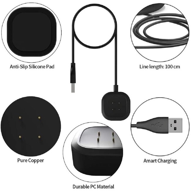 2-Pack - Case2go - Oplaadkabel geschikt voor Fitbit Versa 4 / Versa 3 / Sense 2 / Sense - USB-oplaadstation - Dock - 1.0 meter - Zwart