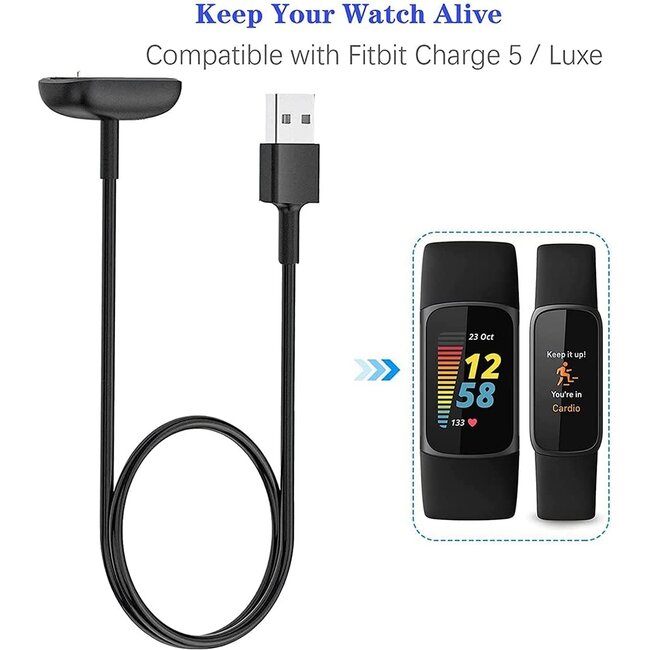 Case2go - Oplaadkabel geschikt voor Fitbit Luxe / Fitbit Charge 5 & 6 - USB-kabel - 1.0 meter - Zwart