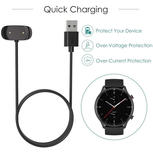 Case2go - Oplaadkabel geschikt voor Huami Amazfit GTR3 / GTS3 / GTR3 PRO - USB-kabel - 1.00 meter - Zwart