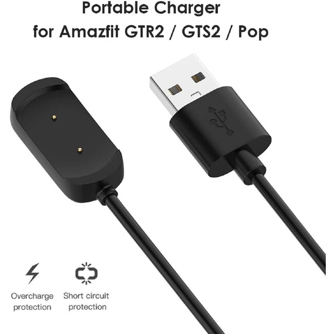 Case2go - Oplaadkabel geschikt voor Amazfit GTR3 / GTS3 / GTR3 PRO / GTS 4 / GTR 4 / T-Rex Ultra / T-Rex - USB-kabel - 1.00 meter - Zwart