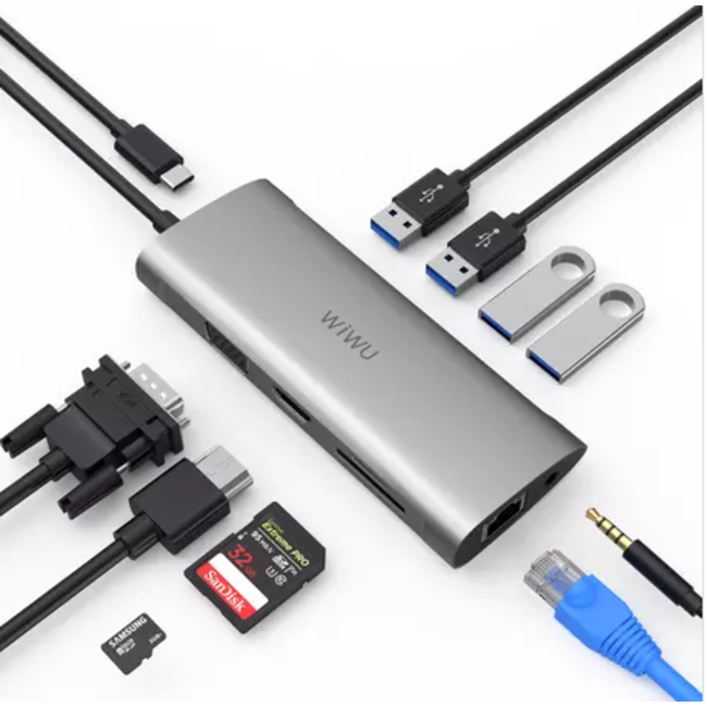 WIWU - Laptoptas- USB C Hub - Laptophoes- USB C Adapter - Laptop Sleeve- Laptop Tas- 11 in 1 - Alpha - Grijs