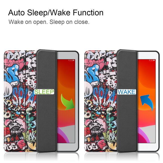 Tablet hoes geschikt voor iPad 2021 / 2020 / 2019 Hoes met Apple Pencil Houder &amp;amp; Auto Sleep/Wake functie - Tri-Fold book Case - 10.2 inch - Graffiti
