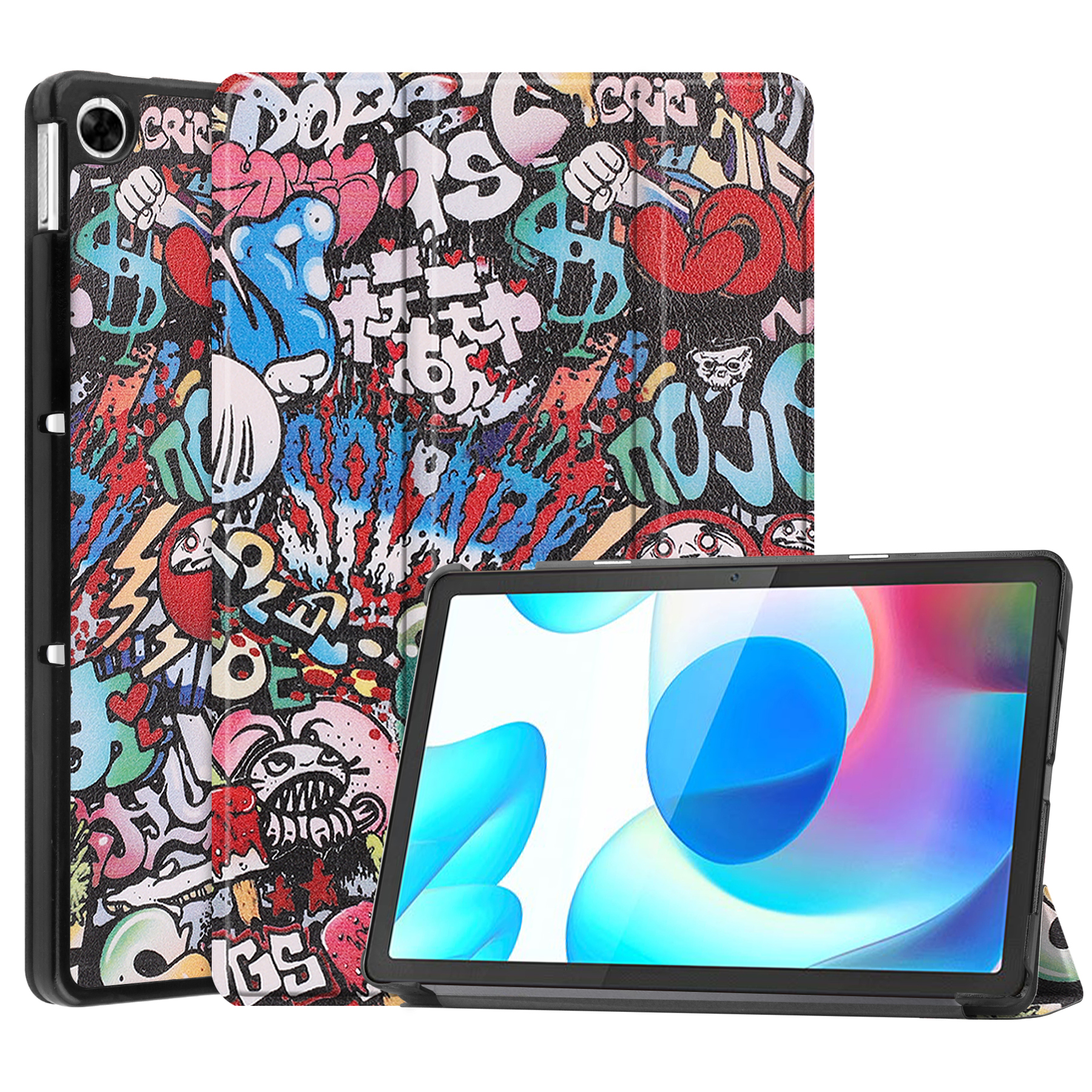 Case2go - Tablet Hoes geschikt voor Realme Pad - 10.4 inch - Tri-Fold Book Case - Auto Wake functie - Graffiti afbeelding