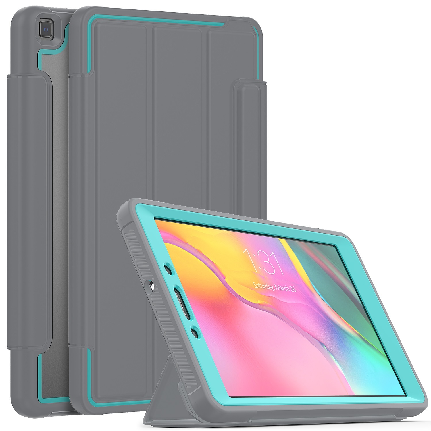 Case2go - Tablet hoes geschikt voor Samsung Galaxy Tab A 8.0 (2019) - Tri-Fold Book Case met Transparante Back Cover en Pencil Houder - Licht Blauw/Grijs afbeelding