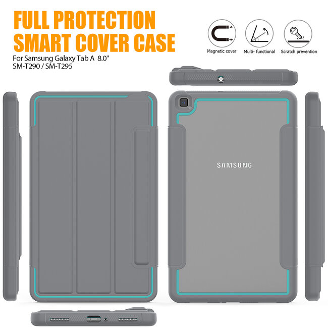 Case2go - Tablet hoes geschikt voor Samsung Galaxy Tab A 8.0 (2019) - Tri-Fold Book Case met Transparante Back Cover en Pencil Houder - Licht Blauw/Grijs