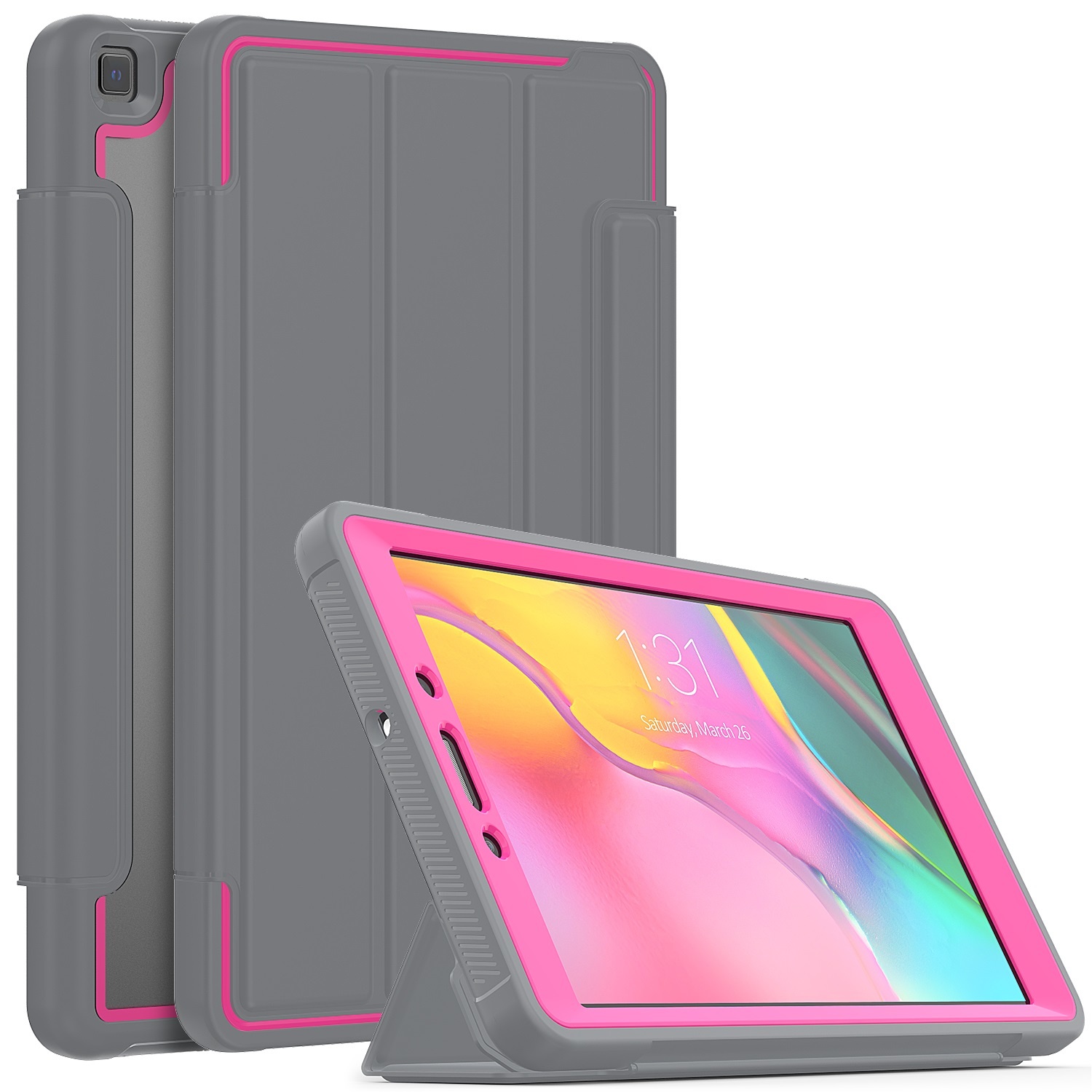 Case2go - Tablet hoes geschikt voor Samsung Galaxy Tab A 8.0 (2019) - Tri-Fold Book Case met Transparante Back Cover en Pencil Houder - Roze/Grijs afbeelding