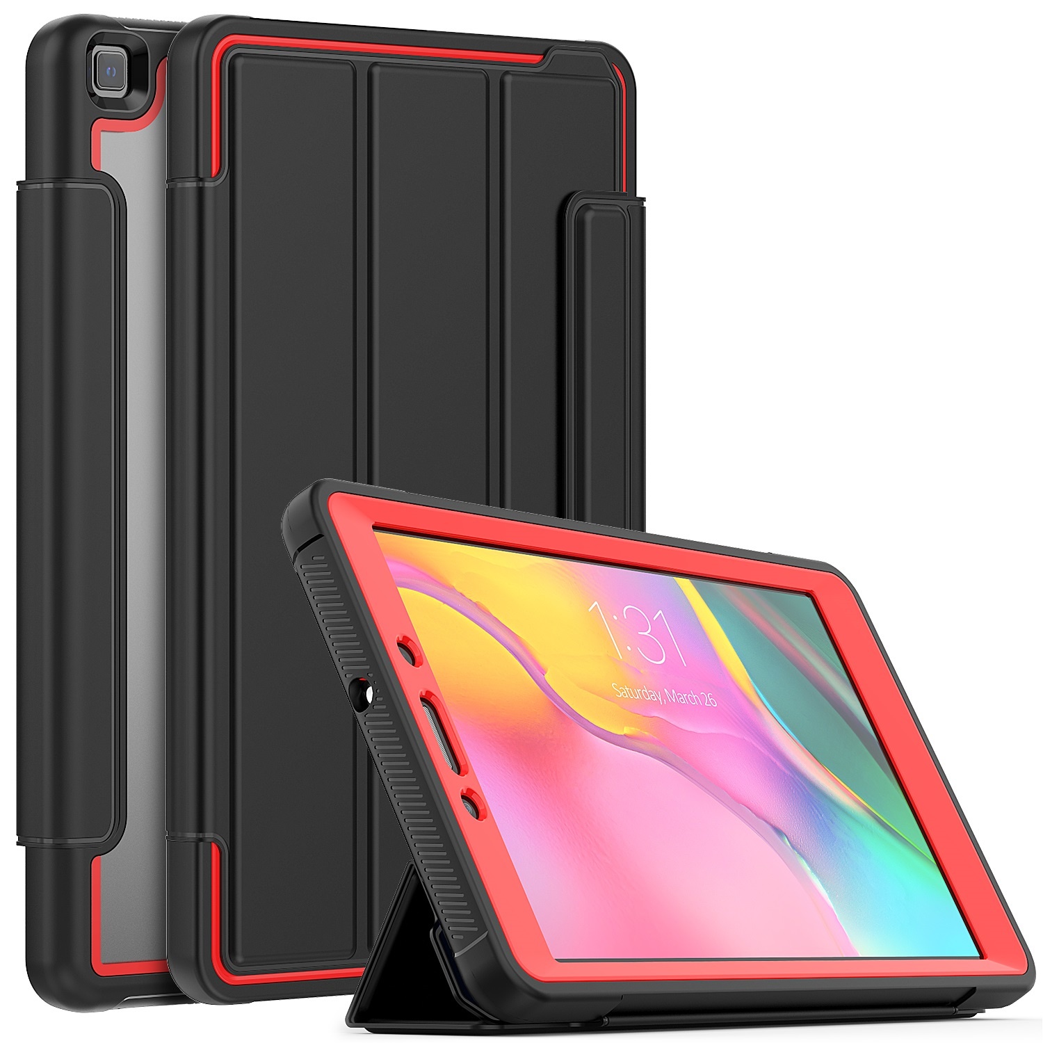 Case2go - Tablet hoes geschikt voor Samsung Galaxy Tab A 8.0 (2019) - Tri-Fold Book Case met Transparante Back Cover en Pencil Houder - Rood/Zwart afbeelding