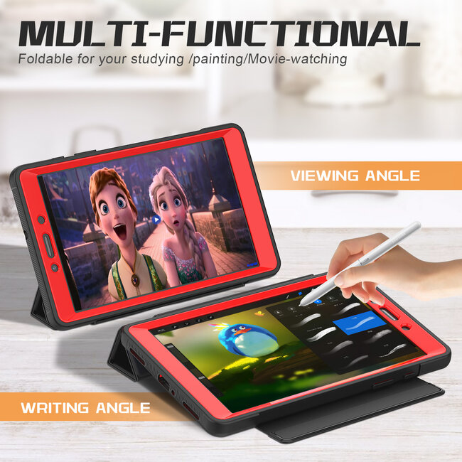 Case2go - Tablet hoes geschikt voor Samsung Galaxy Tab A 8.0 (2019) - Tri-Fold Book Case met Transparante Back Cover en Pencil Houder - Rood/Zwart